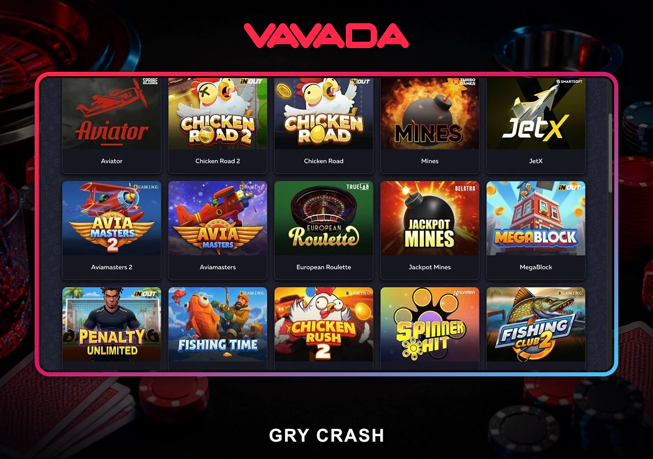 Gry crash Vavada Casino z mnożnikiem, cash-outem i ustawieniami stawki.