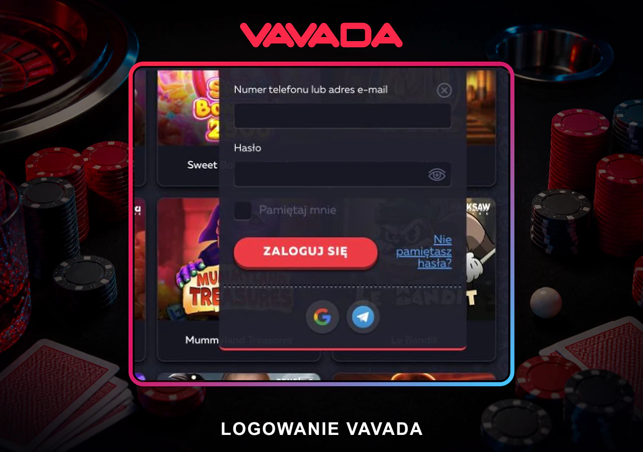 Logowanie Vavada Casino przez e-mail, telefon oraz dostępne połączenia społecznościowe.